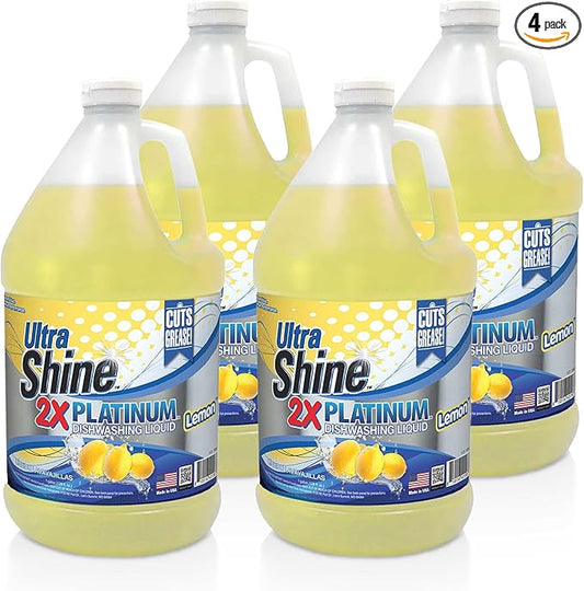 Ultra Shine™ 4 Pack 2X Platinum™ Dish Cleaning Liquid, Lemon Scent, 1 Gallon, Yellow - Powerful Grease Remover Dishwashing Soap