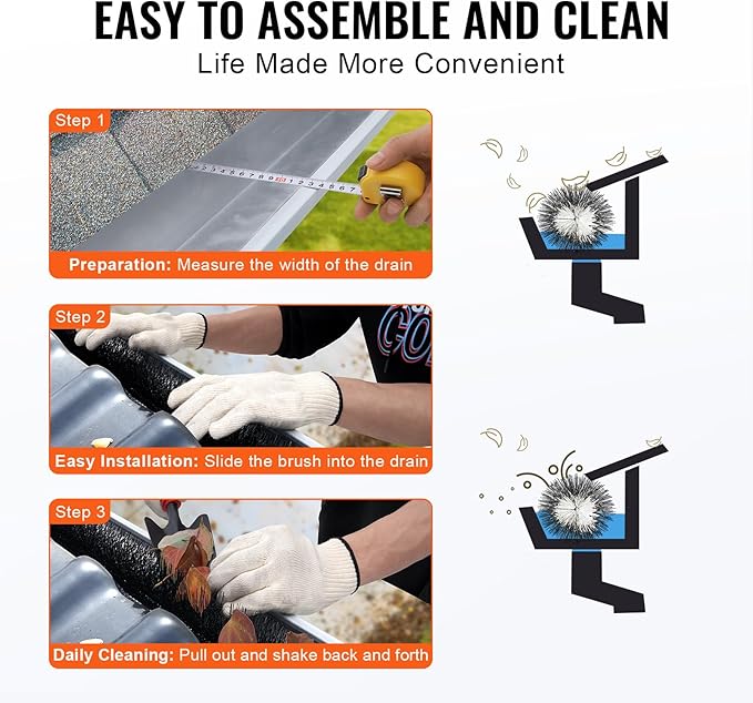 VEVOR Gutter Brush, 60 Feet Total Length 4.33 inch Diameter Gutter Cleaning Tools, Ground-Level Gutter Brush Leaf Guard for 5 Inch Gutters, Easily Clear roof Leaves and Debris, 20 Pack