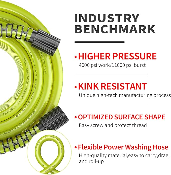 POHIR Pressure Washer Gun and Hose 3600 PSI, Pressure Washer Hose 50ft and Gun, 3/8" Quick Connect Swivel, M22 15mm/14mm Fittings, 30" Extension Wand & 7 Nozzle Tips - for Home & Outdoor Cleaning