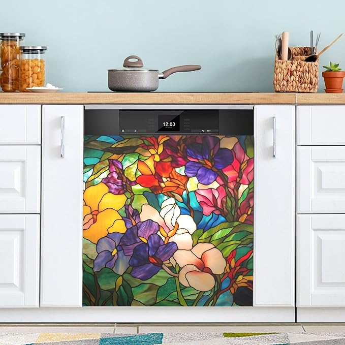 Dishwasher Cover Magnet Stained Glass Floral Print, Dish Washer Cover for Kitchen Decor, Easily Trimmable Dishwasher Sticker Refrigerator Magnetic Cover 23×26 in