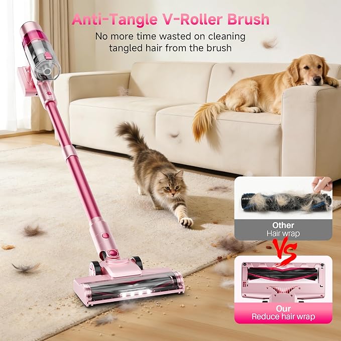 Cordless Vacuum Cleaner: Portable 6-in-1 Stick Vacuum with Anti-Tangle Brush, LED Headlight, Self-Standing, HD Display, Rechargeable Vacuum for Pet Hair, Low-Pile Carpet and Hardwood Floor-Dark Pink
