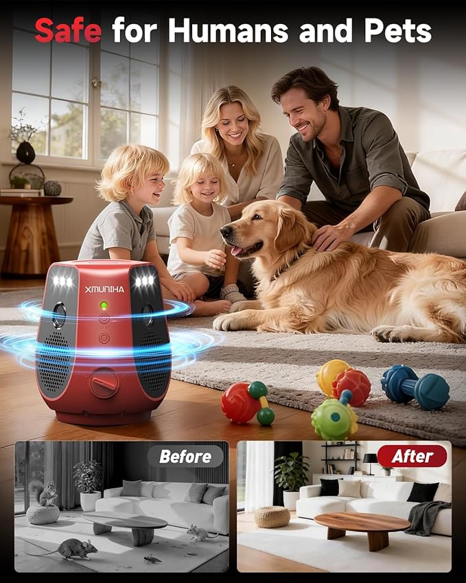 Mouse Repellent Ultrasonic Plug in, 360° Ultrasonic Rodent Repellent with PIR Sensor & LED Strobe Light, 3 Modes Mice Repellent for Indoor, Electronic Pest Control Devices for Spider, Cockroach, Ant
