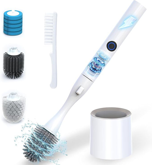 Electric Toilet Brush with Holder, Hands-Free Auto-Clamp Toilet Scrubber with 3 Replacement Heads (Silicone/Nylon/Disposable) and Gap Brush, Compact Bathroom Cleaning Set for RV