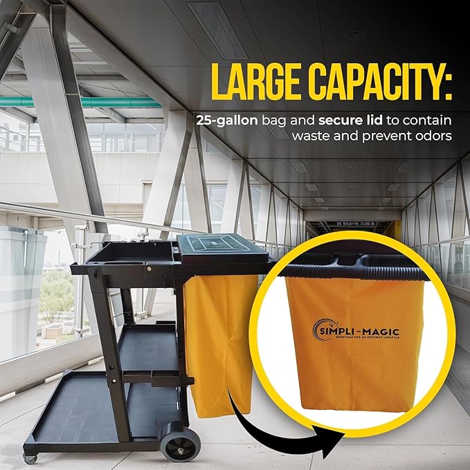 Simpli-Magic Commercial Cleaning Cart with Waste Bag & Lid, Janitorial Utility Cart with 3 Shelves, Mop & Broom Holders, 330 lb Capacity, Yellow/Grey