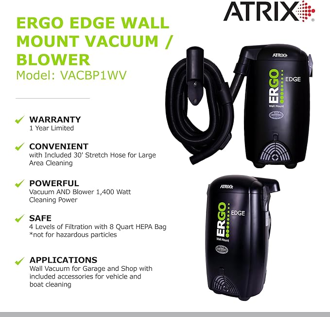 Atrix Ergo Edge Canister Shop Vac-Wall Mounted Garage Vacuum Cleaner with Built-in Dust Bag & Extendable Hose-Compact Black Design, 20 x 9 x 12
