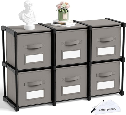 Geelin 6 Sets Cube Storage Organizer Bins with Shelf & Labels 11 Inch, Fabric Collapsible Cubby Toys Clothes Storage Drawer Unit for Daycare Nursery Playroom Bedroom Dorm Organizer (Gray)