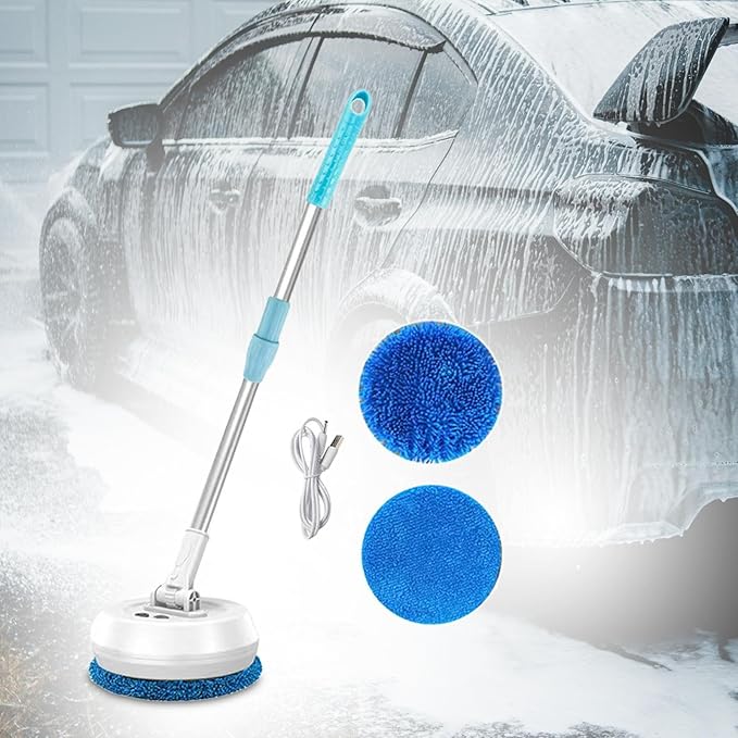 Electric Mop Scrubber with Extendable Handle, Automatic Rotating Floor Cleaner for Ceiling Window Car Bathroom, White