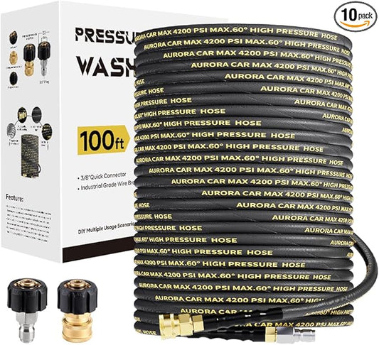 AURORA CAR Pressure Washer Hose 100FT with 3/8 Inch Quick Connect, Kink Resistant High Tensile Wire Braided, with 2 pcs M22 14mm Adapter Set, 4200 PSI Power Washer Hose