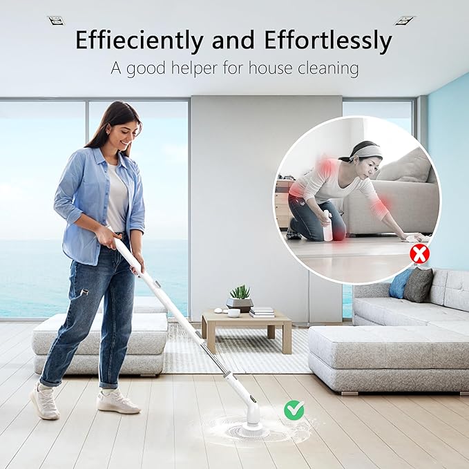 Electric Spin Scrubber, 2024 New Full-Body IPX7 Waterproof Cordless Bathroom Scrubber with 4 Replaceable Heads, Adjustable Extension Handle, Shower Cleaning Brush for Bathtub, Grout, Tile, Floor