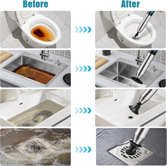 Toilet Plunger Drain Clog Remover: High Pressure Air Drainage Blaster Gun Clog Remover Tool- Stainless Steel Air Plunger for Bathroom, Sink, Floor, Kitchen Clogged