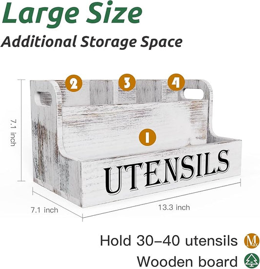 Suli Extra Large Kitchen Utensils Holder with 4 Compartments, White Wooden Utensil Organizer for Kitchen Countertop, Farmhouse Utensil Storage, Rustic Cooking Utensils - White Grain
