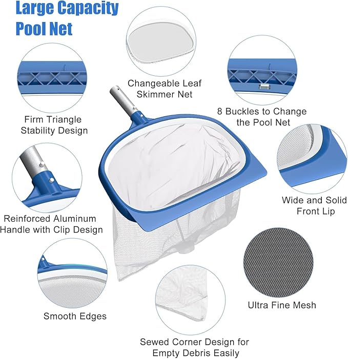 CKE Swimming Pool Cleaning Kit, Including Telescoping Swimming Pool Pole, 18.5" Rotatable Pool Brush Head, Fine Mesh Leaf Skimmer Net, 2-in-1 Pool Skimmer Net for Inground & Above Ground Pools