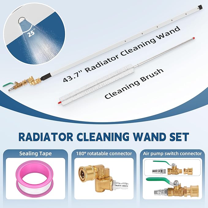 Radiator Cleaning Wand, Fit Vehicle Radiator Cleaning 34'' with 25° Fan Nozzle, 4500 PSI Dual-Mode Air for Cars, Trucks, and Other Vehicles