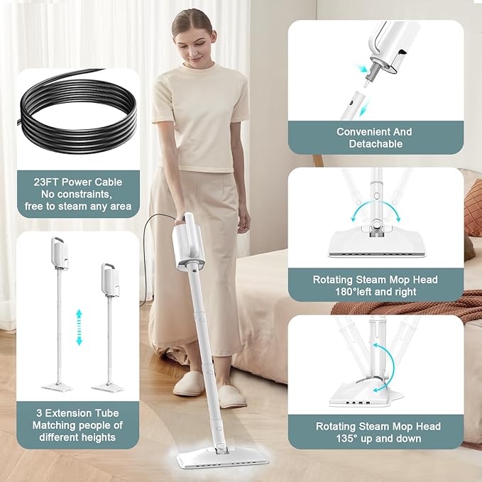 Steam Cleaner, 6 in1 Rotated Steam Mop Cleaner with 2 Modes, 2 Microfiber Pads, 400ML Removable Tank, 23FT Power Cable, Detachable Steam Mops for Floor, Laminate Floor, Tiles Cleaning (Sliver Gray)