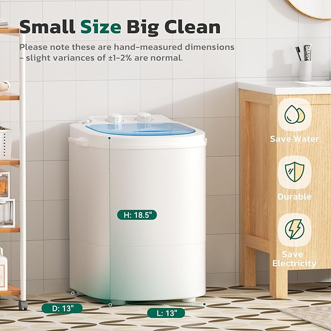 Greenvelly Portable Washing Machine, Single Tub Small Laundry Washer with Spin Basket, 6.6lbs Portable Washer Dryer Combo for Apartments,Dorms (White Blue)