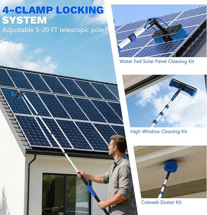 20FT Complete Solar Panel Cleaning Kit with Extension Pole 5-20FT, Water Fed Pole Kit with Cleaner Solution Dispenser for Window Glass, Boats,RV, Decks, Bathrooms & House Siding