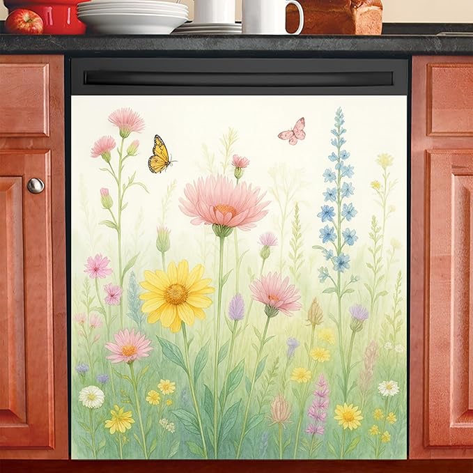 Dishwasher Magnet Cover 23x26 in Floral Butterflies and Wildflowers Magnetic Dishwasher Cover for Kitchen Appliance Decoration Front Panel Sticker Rustic Art Skin Panel Home Decor Decal