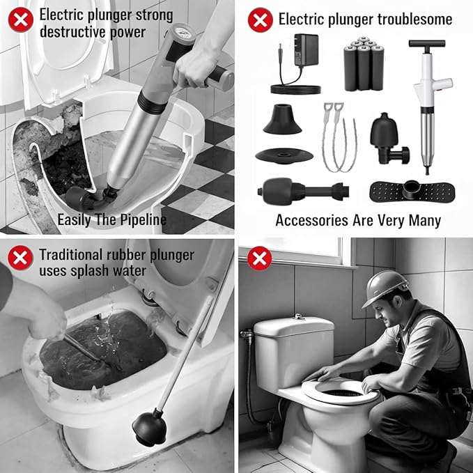 Manual Drain Unclogger with Adaptive Inflatable Plug, Fits NPS1.5~4.5" Pipes for Toilet/Sink/Bathtub, No Extra Accessories, Hand Pump Pressure & Washable, Lightweight Toilet Plunger & Drain Auger Tool