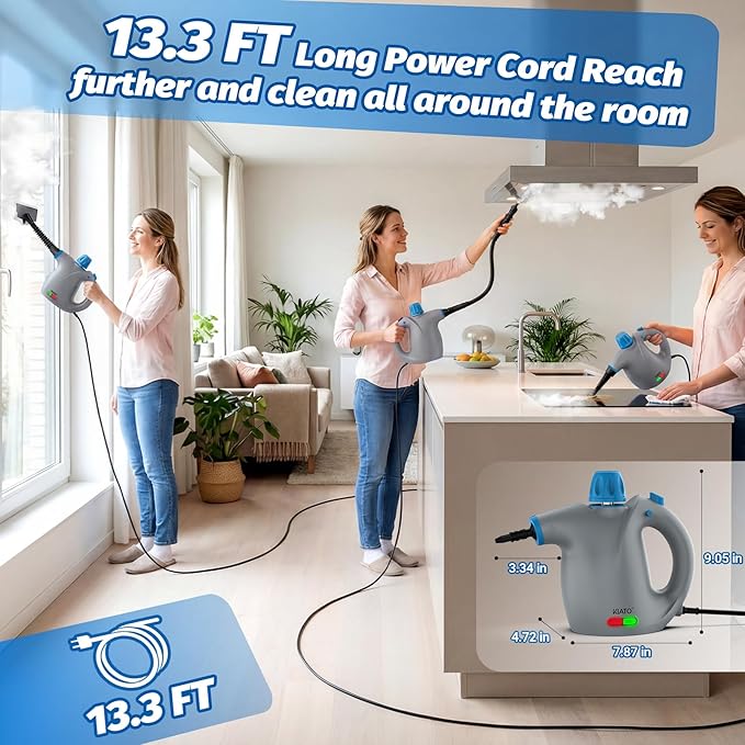 KIATO Handheld Steam Cleaner, Hand Held Steamer for Cleaning Home, Portable Pressurized Steamers for Upholstery Furniture Sofa Couch Floor Tile Grout Bathroom, Grey, SC23