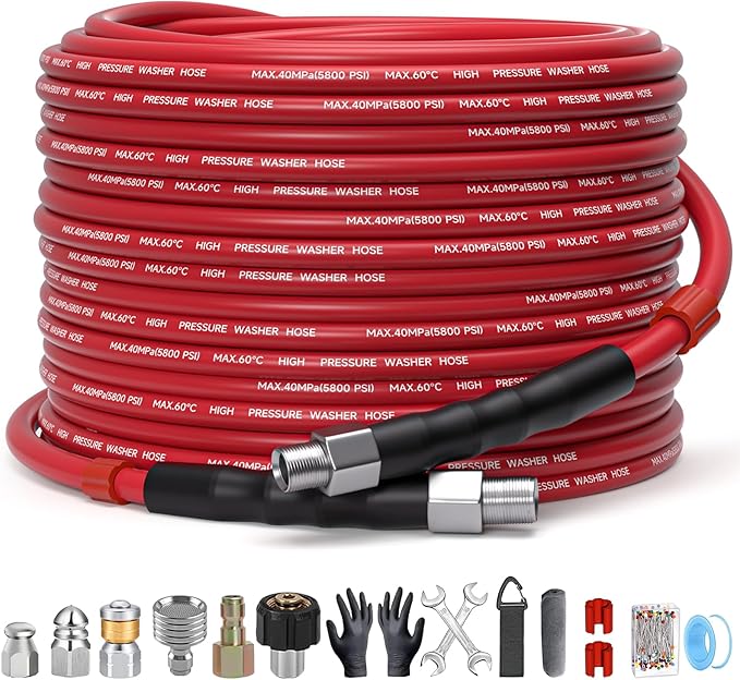 Sewer Jetter Kit for Pressure Washer – 50ft Water Jet Drain Cleaning Hose 5800PSI 1/4 Inch NPT Corner with Sewer Cleaning Tool High Pressure Nozzles and Spanner Waterproof Tape