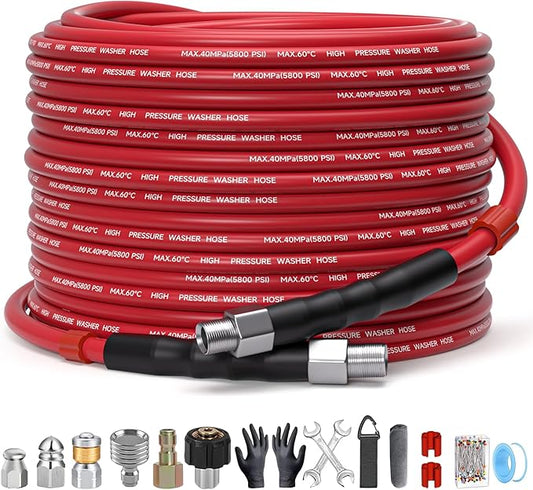 Sewer Jetter Kit for Pressure Washer – 50ft Water Jet Drain Cleaning Hose 5800PSI 1/4 Inch NPT Corner with Sewer Cleaning Tool High Pressure Nozzles and Spanner Waterproof Tape