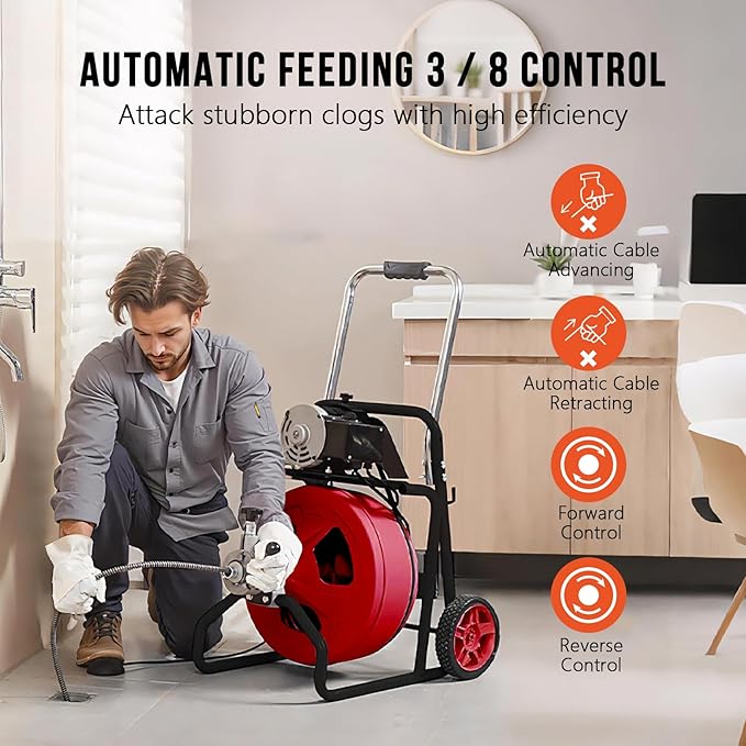 Drain Cleaner Machine 50FT x 3/8 Inch, Auto Feed Sewer Snake Drain Auger - Electric Drain Cleaning Machine Fits 1-1/4 Inch to 2 Inch Pipes, Portable Drain Auger Cleaner with 8 Cutters