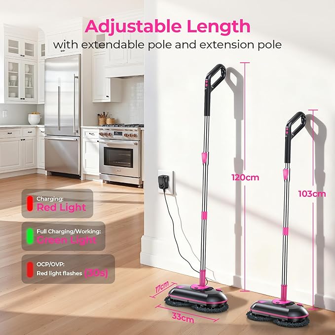 Cordless Electric Spin Mop with Water Sprayer, 300ml Tank Self-Propelled Floor Cleaner for Hardwood & Tile, Quiet Cleaning, Adjustable Handle, 2500mAh Long-Lasting Battery, Pink