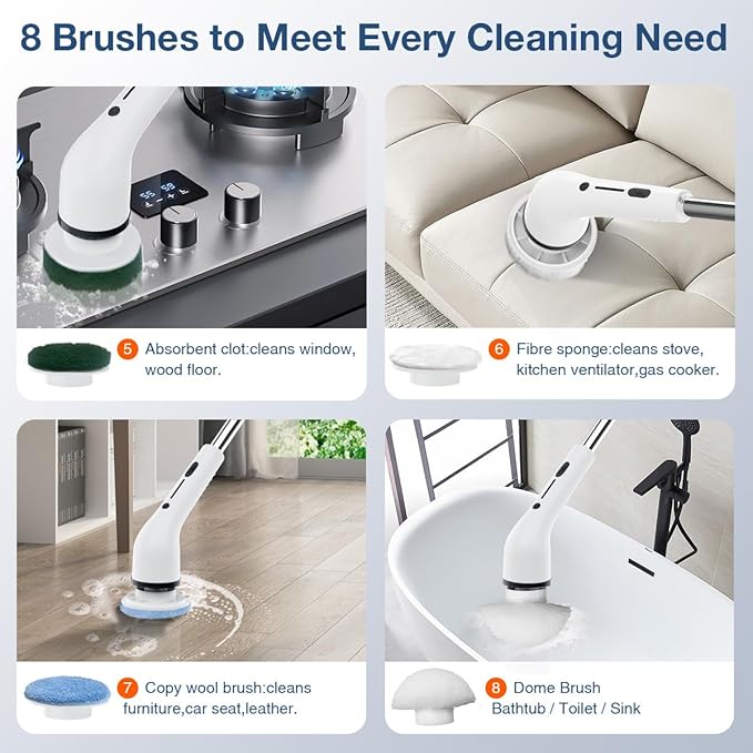 Lefree Electric Spin Scrubber, Cordless, 2 Speeds, Black, Plastic, w/ 8 Replaceable Brush Heads, for Cleaning Floors, Windows, Bathtubs, Grout, Tiles, Sink, Car