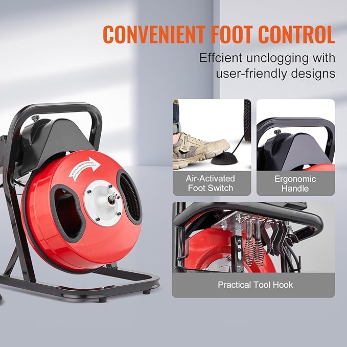 VEVOR Drain Cleaner Machine 50FT x 1/2 Inch, Manual Feed Sewer Snake Auger - with 4 Cutters & Air-activated Foot Switch for 2" to 4" Pipes