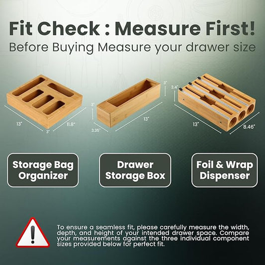 9 IN 1 Storage Bag Organizer for Kitchen Drawer, Bamboo Foil and Plastic Wrap with Cutter, Ziplock Bag Organizer for Gallon, Quart, Sandwich & Snack Bags - Aluminum Foil Organizer