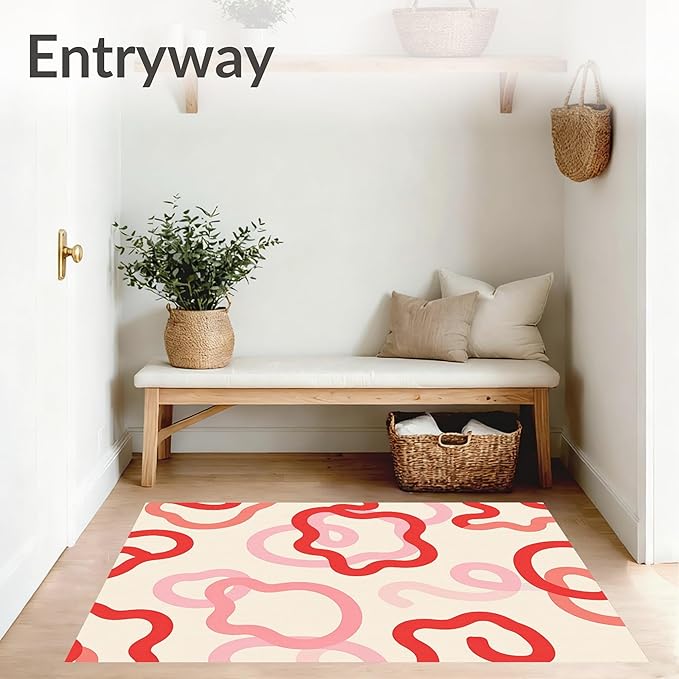 Flatwoven High Traffic Area Rug 6x9, Abstract Swirl Mosaic Design Bathroom Curtain with Matching Towels, Non Slip, Stain Resistant, Washable Area Rugs for Living Room, Bedroom (Red, 6x9)