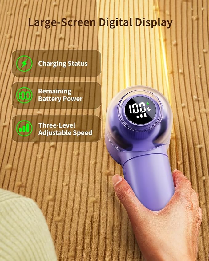 coldSky Fabric Shaver,    Lint Remover with Brush, 1200mAh Sweater Shaver with Digital Display,3 Speeds Lint Shaver, 6-Leaf Blades Lint Remover for Clothes, Sofa, Bedding,Purple | Digital Display, 3 Speeds, 6-Leaf Blades, 1200mAh Rechargeable L... - Image 4