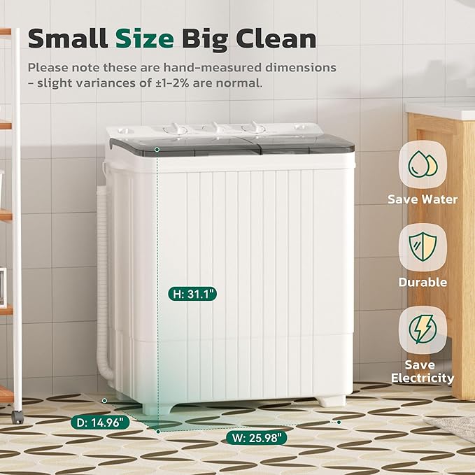 Greenvelly Portable Washing Machine, 28 Lbs Capacity Twin Tub Washing Machine, 18lbs Washer and 10lbs Spinner Combo, Compact Laundry Washer for Apartment,Camping, RVs and Dorms, Grey+White
