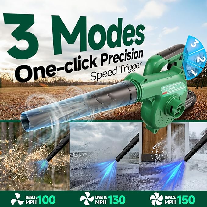 K I M O. Cordless Leaf Blower Vacuum Combo 4 in 1, 3 Nozzles &3 Modes for Inflation & Deflation, Extended Tube & Variable Speed, 20000RPM 150MPH, 2x2000mAh Battery Powered Leaf Blowers for Lawn Care