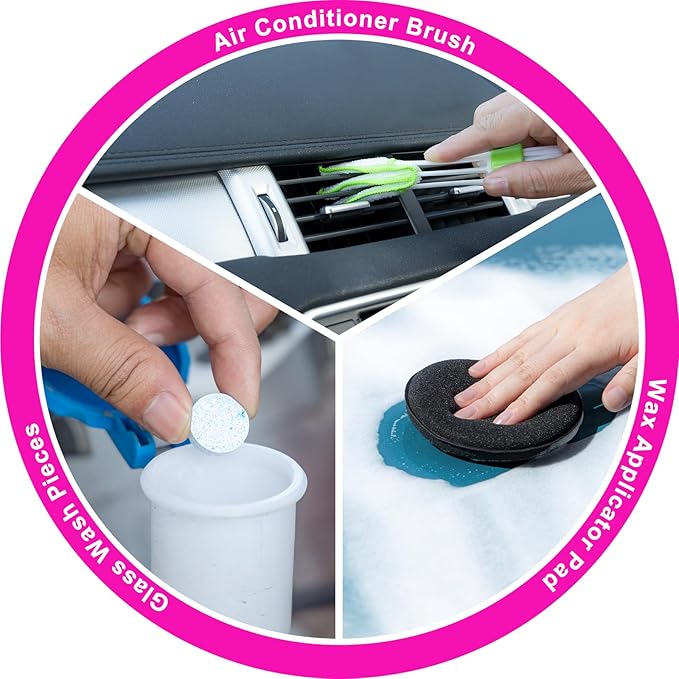 28Pcs Car Cleaning Kit Pink - Car Wash Brush with Long Handle Car Washing Mop, Car Detailing Kit for Cars, Trucks, SUVs, Jeeps