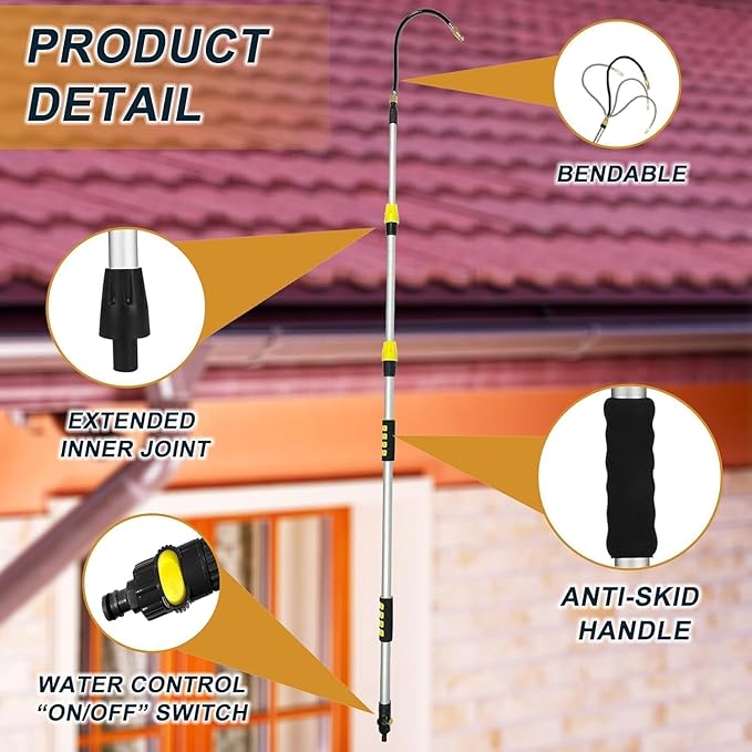 12FT Telescopic Gutter Cleaning Tools from The Ground, Reach to 20FT Gutter Cleaner Wand with Hose Attachment, Aluminum Wand Rain Gutter Cleaner Tool