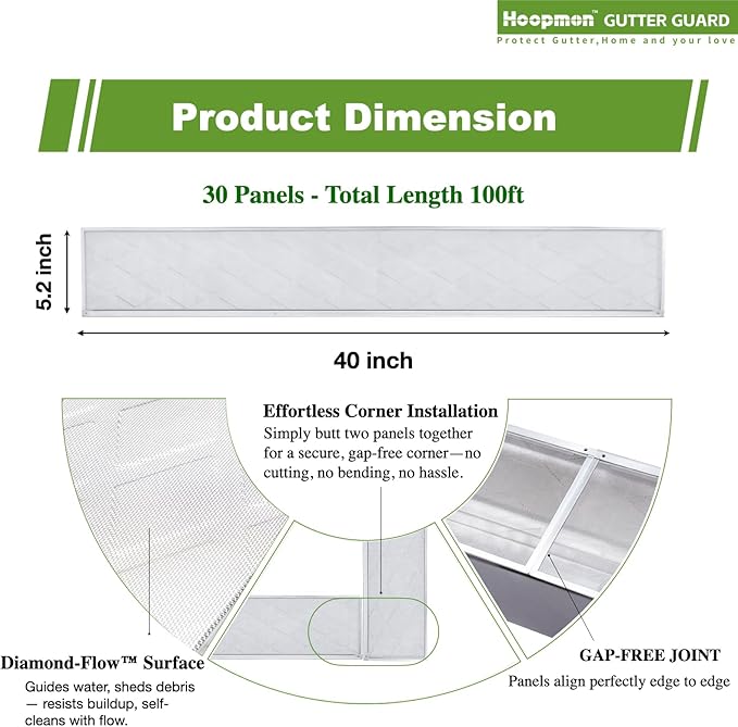 Gutter Guard – 100% Stainless-Steel Micro-Mesh Design, Pine Needle & Small Debris Protection, Fits 5 in K‑Style & Half‑Round Gutters, DIY Screws Included (100ft, 30pcs, 5in x 40in)