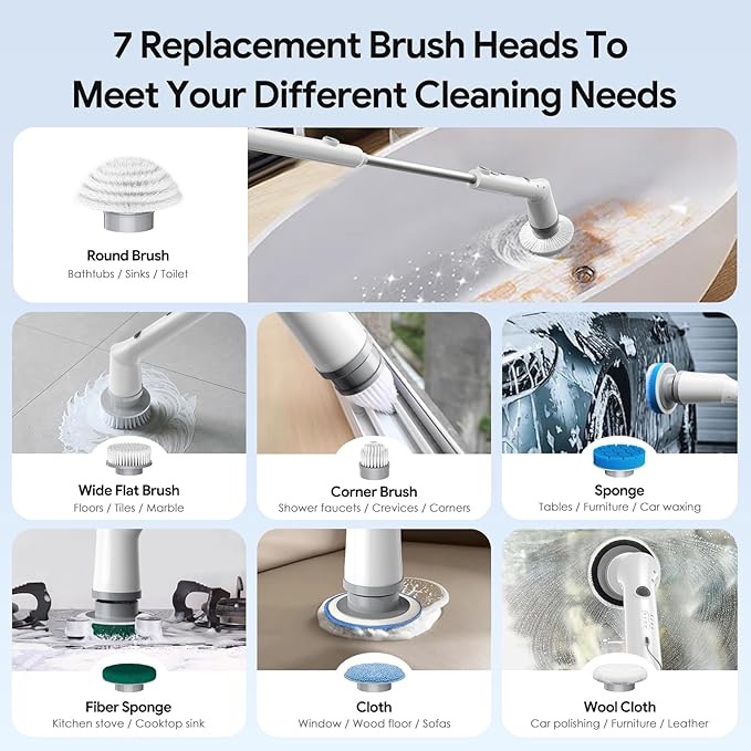 Electric Spin Scrubber, 2026 New Cordless Cleaning Brush, Shower Cleaning Brush with 7 Replaceable Brush Heads, Power Scrubber 3 Adjustable Speeds, Detachable Long Handle & IPX7 Waterproof