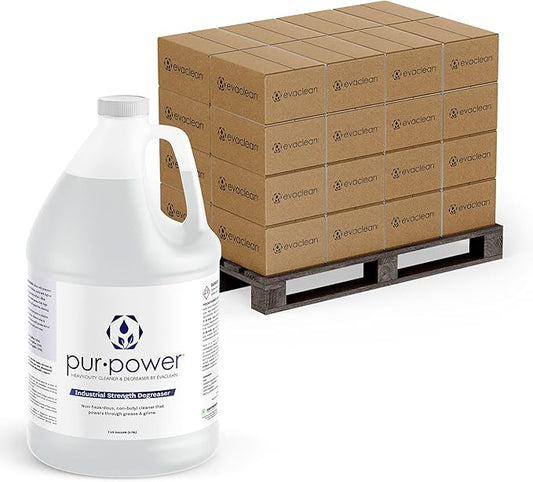 EvaClean PurPower Cleaner and Degreaser - 192 One Gallon Bottles, 48 Cases per Pallet, 1:64 Dilution, Heavy Duty, Non-Butyl Formula, Grease, Oil, Grime Remover for Kitchen, Garage, Engine, Concrete