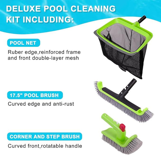 Sepetrel Deluxe Swimming Pool Cleaning Kit Including Rubber Edge Skimmer Net,17.5" Pool Brush Head & Hand Scrub Brush(NO Pole)