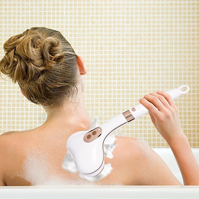 Electric Body Brush Back Scrubber for Shower, Double Head Rotating Electric Bath Brush with 5 Pair Replacement Brush Heads, 2 Speed IPX6 UBS Rechargeable Shower Brush for for Body Cleaning Massage