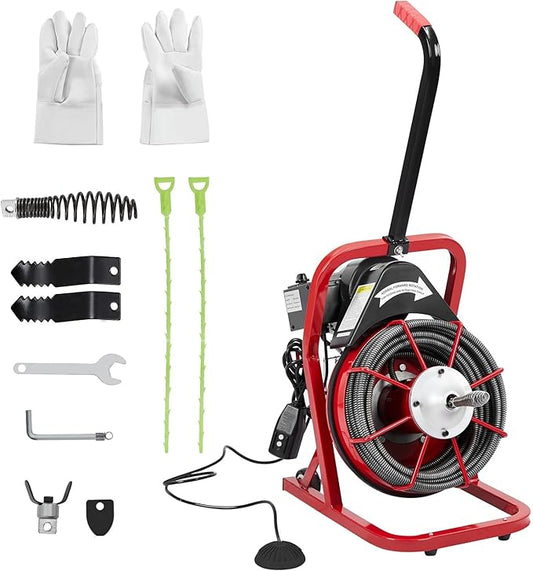 75Ft x 3/8Inch Drain Cleaner Machine, Portable Electric Drain Auger Cleaner with 6 Cutters & Gloves, Drain Cleaning Machine Fits 1" to 4" Pipes