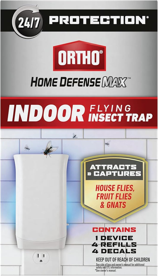 Ortho Home Defense Max Indoor Flying Insect Trap, Light Trap for House Flies, Fruit Flies, and Gnats, 1 Plug-in and 4 Refills
