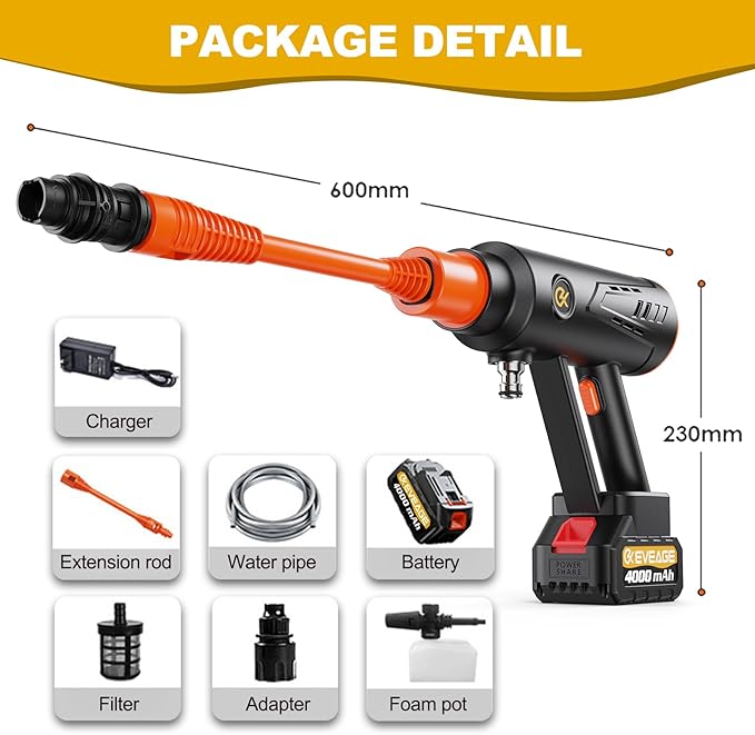 EVEAGE Q7 Cordless Power Pressure Washer, MAX 1000PSI, 2.5GPM Adjustment Portable Power Cleaner, Rechargeable Battery Powered Handheld High-Pressure Washer Gun for Car, Home/Floor Cleaning