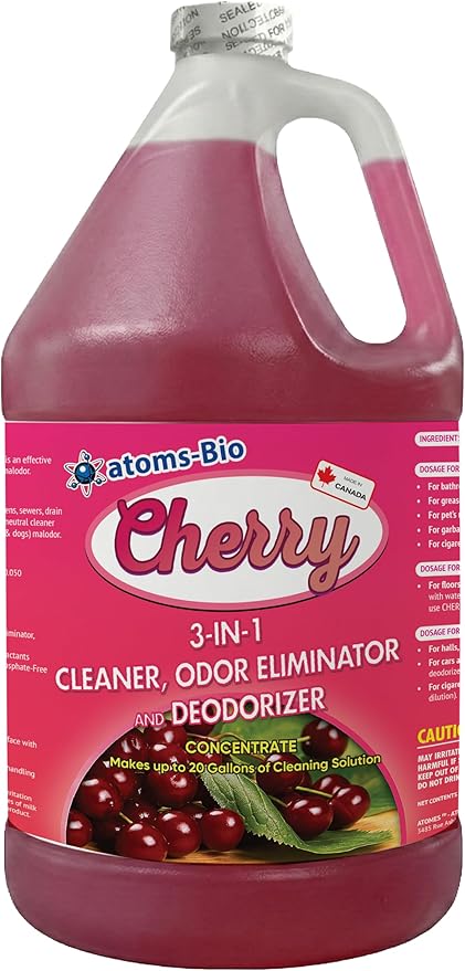CHERRY Concentrated 3-in-1 Cleaner, Odor Eliminator & Deodorant | Cherry Scent | pH Neutral | Industrial Strength | For Bathrooms, Grease Traps, Surfaces & Pet Odors | 3.87L