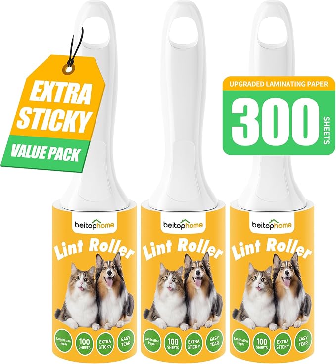 Lint Roller 3 Pack for Pet Hair, 300 Sheets, 3 Handles | Ready-to-Use Rollers for Clothes, Car, Office, Travel & Home by Beitophomepet%60sfamily
