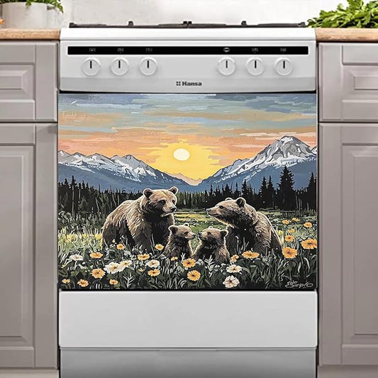 Dishwasher Magnet Cover Panel Sunset Garden Bears Refrigerator Magnetic Stickers Oil Painting Style Brown Bear Magnetic Dishwasher Decals for Home Kitchen Decor 23" x 17"(Magnetic)