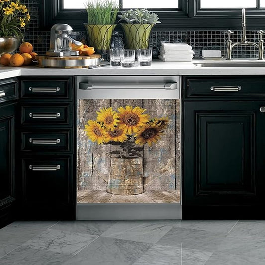 Rustic Wood Dishwasher Cover For Front,Vintage Sunflower Vase Dishwasher Magnet Cover Door Decor Farmhouse Sticker,Country Flower Dishwasher Panel Decal,Home Appliance Decal 23"x26"