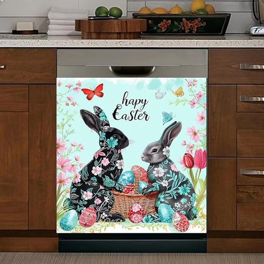 Happy Easter Kitchen Decor Dishwasher Magnet Cover Decal, Bunny Rabbits with Floral Magnetic Dish Washer Panel Door Vinyl Sticker, Refrigerator Magnets,Easy to Clean, 23 x 26 inch