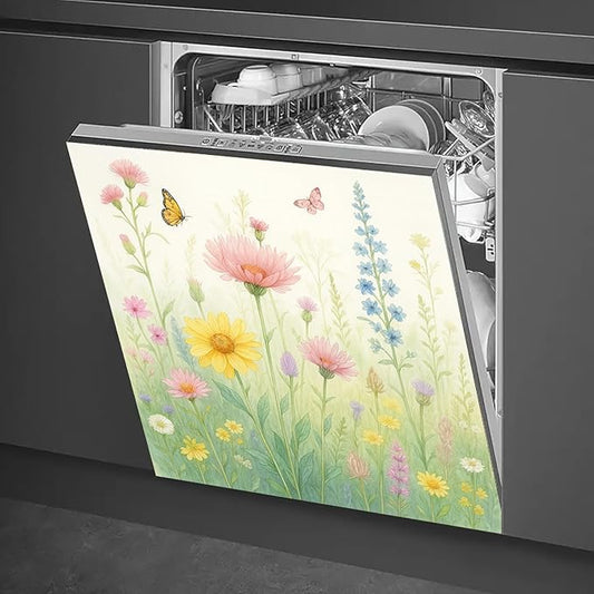 Dishwasher Magnet Cover 23x26 in Floral Butterflies and Wildflowers Magnetic Dishwasher Cover for Kitchen Appliance Decoration Front Panel Sticker Rustic Art Skin Panel Home Decor Decal